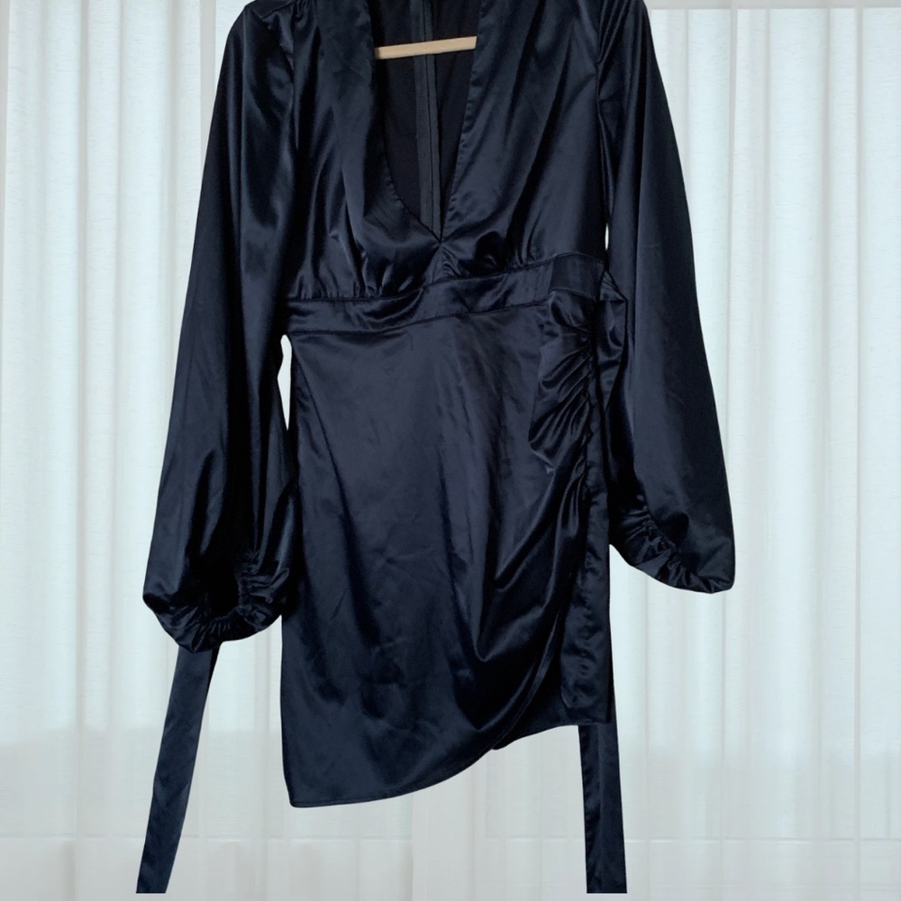 Fashion Nova Navy Satin Long Sleeve Mini Dress